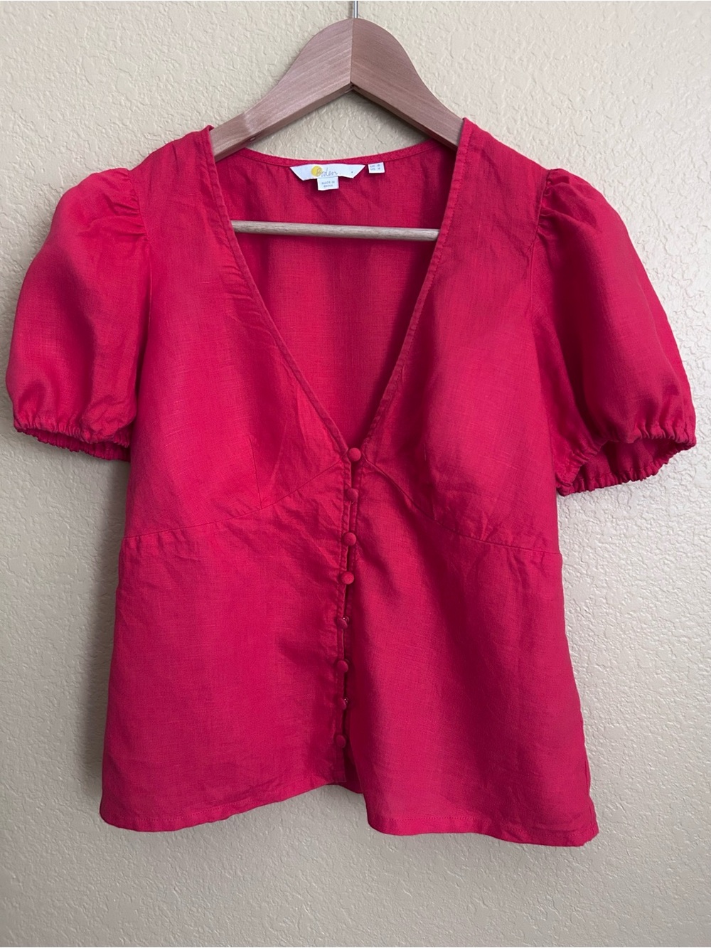Boden Red V-Neck Linen Puff Sleeve Top - Picture 2 of 9
